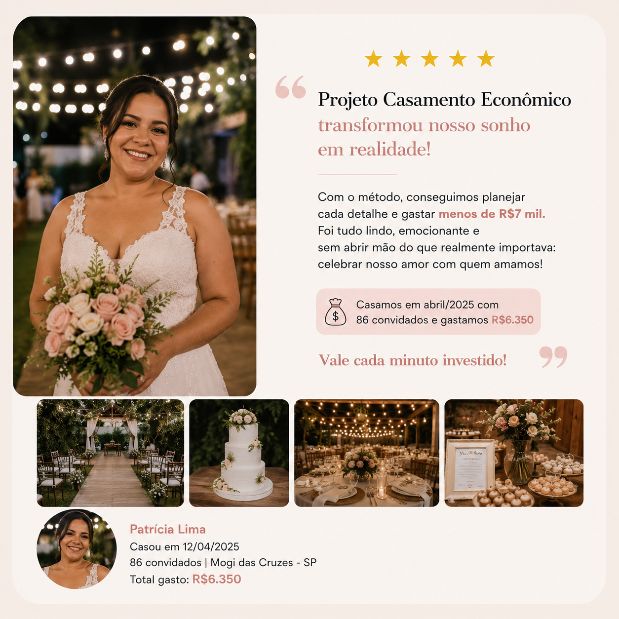 Depoimento da noiva Patrícia Lima — Casou em 12/04/2025, 86 convidados, Mogi das Cruzes - SP, gastou R$ 6.350