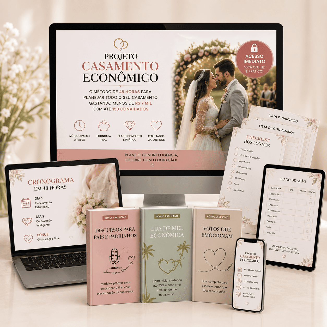 Projeto Casamento Econômico — mockup do produto: método em 48 horas, e-books bônus, checklist dos sonhos e plano de ação